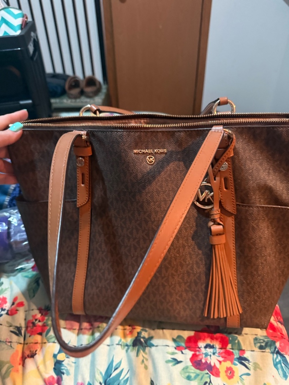 Michael Kors Brown & Tan Signature MK Tote with Tassel Charm